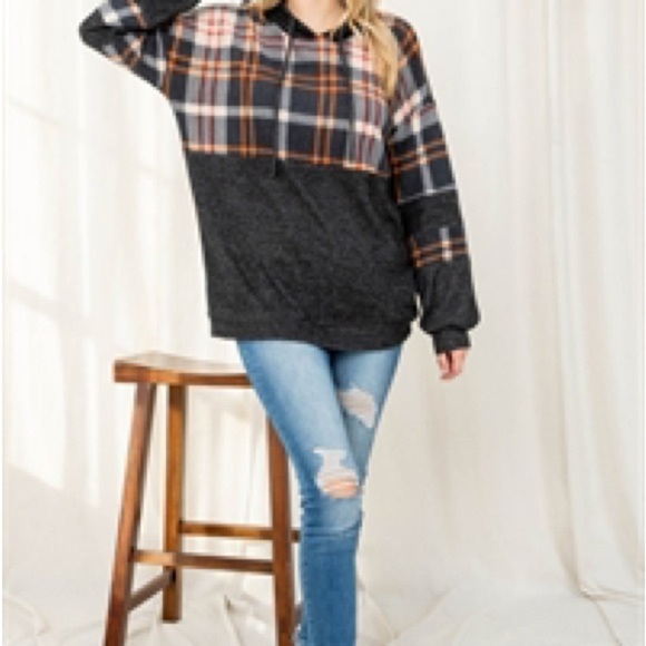 WAFFLE PLAID CONTRAST HOODIE WITH SELF TIE- BLACK - Picture 5 of 7